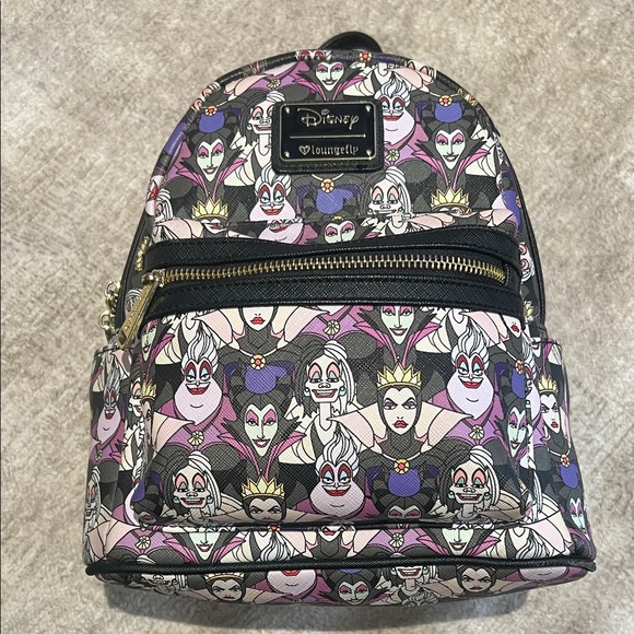 Loungefly Disney Villains Patterned Backpack - Black and Pink - Picture 1 of 8